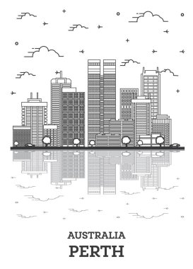 Perth Australia City Skyline 'ın ana hatlarıyla Modern Binalar ve Yansımalar beyaza izole edildi. Vektör İllüstrasyonu. Tarihi Simgeli Perth Şehir Manzarası.