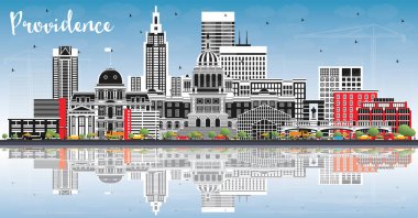 Providence Rhode Island City Skyline Renkli Binalar, Mavi Gök ve Yansımalar. Vektör İllüstrasyonu. Providence USA Cityscape ve Tarihi Eserler. Modern Mimariyle Seyahat ve Turizm Konsepti.