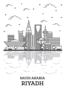 Ana hatları Riyad Suudi Arabistan City Skyline ve modern binalar beyaza izole edilmiş. Vektör İllüstrasyonu. Tarihi Simgeler ve Yansımalarla Riyad Şehir Manzarası.