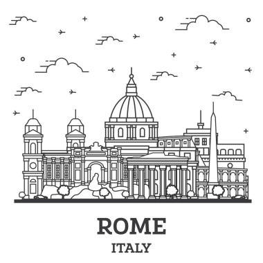 Roma 'nın ana hatları, İtalya' nın silueti ve beyaza izole edilmiş tarihi binalar. Vektör İllüstrasyonu. Tarihi Simgeli Roma Şehir Manzarası.