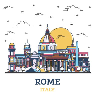 Roma 'nın ana hatları, İtalya City Skyline ve beyaza izole edilmiş Renk Binaları. Vektör İllüstrasyonu. Tarihi Simgeli Roma Şehir Manzarası.