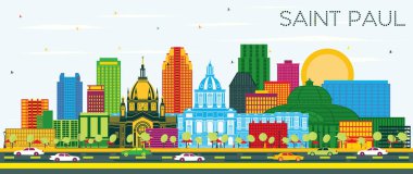 Renkli Binalar ve Mavi Gökyüzü ile Saint Paul Minnesota City Skyline. Vektör İllüstrasyonu. Tarihi Mimariyle İş Seyahati ve Turizm Konsepti. Saint Paul ABD Tarihi Simgeli Şehir.