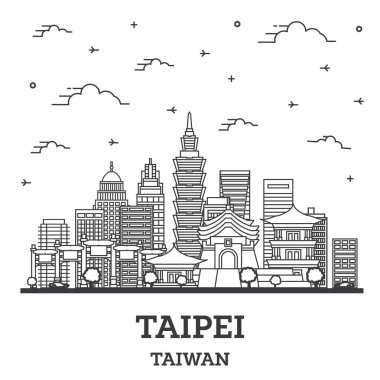 Taipei Taiwan City Skyline 'ın ana hatlarıyla Modern Binalar beyaza izole edilmiş. Vektör İllüstrasyonu. Taipei Şehir Manzarası.