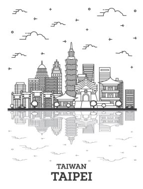 Taipei Taiwan City Skyline 'ın ana hatlarıyla modern binalar ve beyaza izole edilmiş yansımalar. Vektör İllüstrasyonu. Taipei Şehir Manzarası.