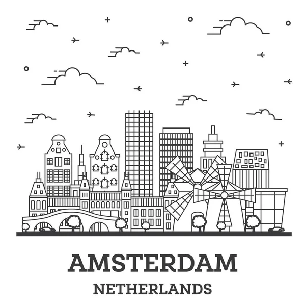 Plan Amsterdam Netherlands City Skyline Historic Buildings Isolated White Illustration — Image vectorielle