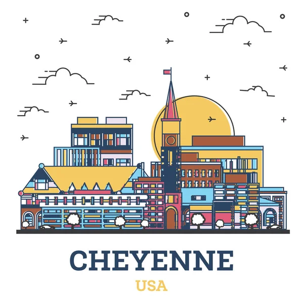 Ana Hatlarıyla Cheyenne Wyoming Usa City Skyline Renk Binaları Beyaza — Stok Vektör