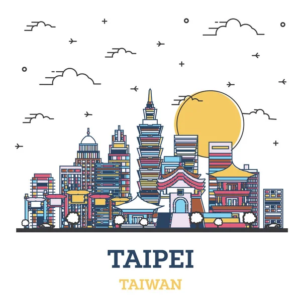 Outline Taipei Taiwan City Skyline Con Edifici Colorati Moderni Isolati — Vettoriale Stock