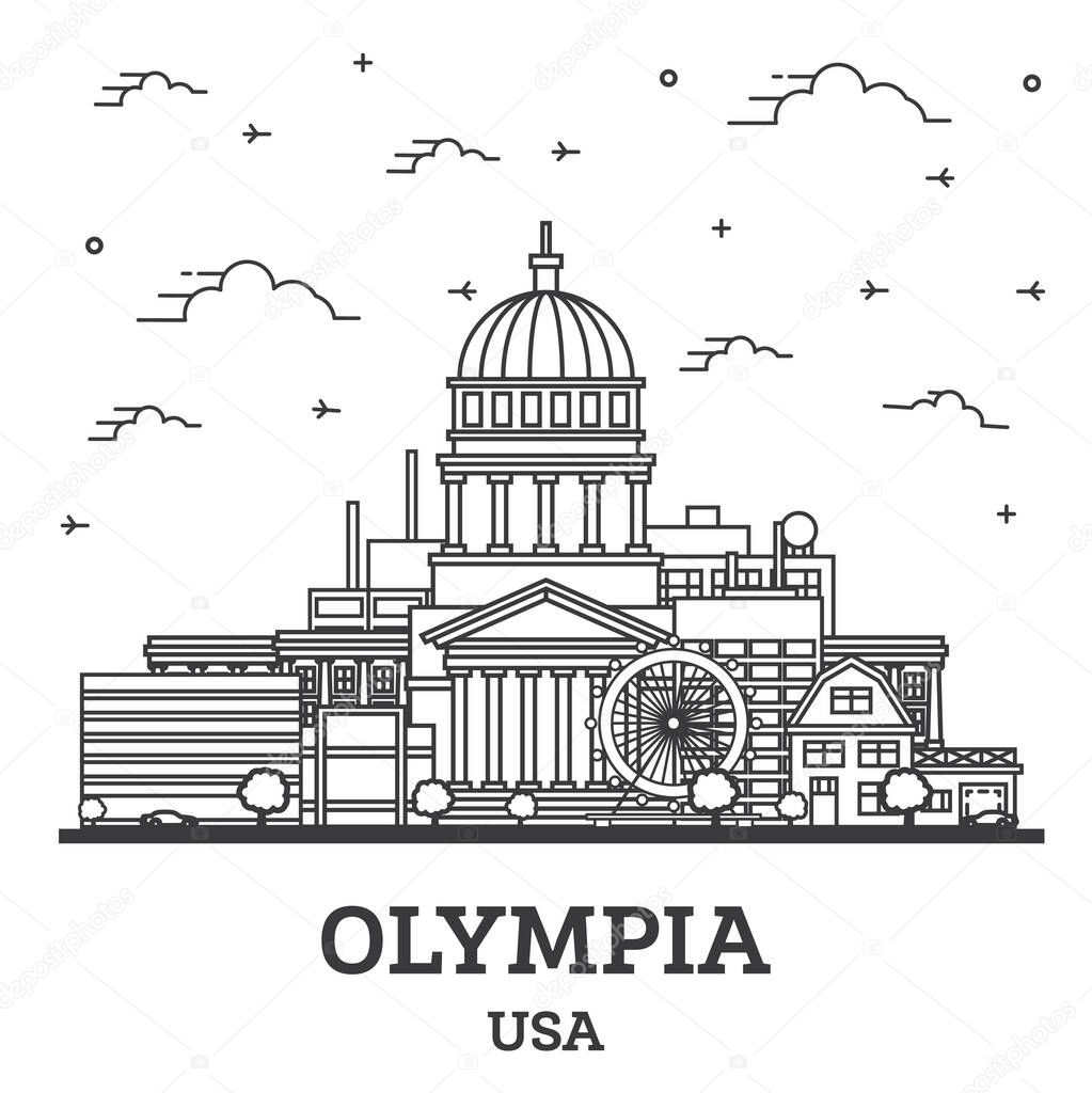 Outline Olympia Washington City Skyline with Modern Buildings Isolated on White. Vector Illustration. Olympia USA Cityscape with Landmarks.
