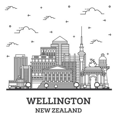 Wellington Yeni Zelanda City Skyline 'ın modern ve tarihi binaları beyaza izole edilmiştir. Vektör çizimi. Tarihi Simgeli Wellington Şehir Manzarası.