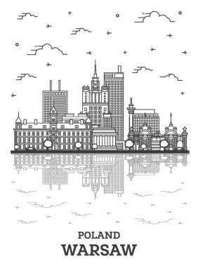 Outline Warsaw Poland City Skyline with Modern Buildings and Reflections Isolated on White. Vector Illustration. Warsaw Cityscape with Landmarks. clipart