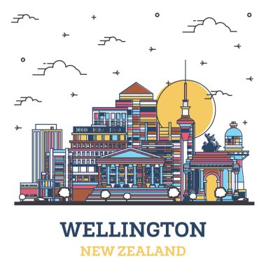 Wellington Yeni Zelanda City Skyline 'ın ana hatları. Renkli Modern Binalar beyaza izole edilmiş. Vektör çizimi. Tarihi Simgeli Wellington Şehir Manzarası.
