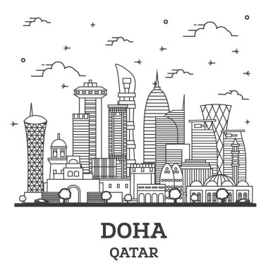 Doha Katar City Skyline 'ın ana hatlarıyla Modern Binalar beyaza izole edildi. Vektör İllüstrasyonu. Tarihi Simgeli Doha Şehir Manzarası.