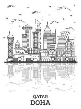 Doha Katar Şehri Skyline 'ı Modern Binalar ve Beyaz Yansımalar ile özetleyin. Vektör İllüstrasyonu. Tarihi Simgeli Doha Şehir Manzarası.