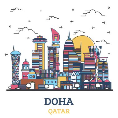 Beyaz üzerine izole edilmiş renkli modern binalarla ana hatlarıyla Doha Katar City Skyline. Vektör İllüstrasyonu. Tarihi Simgeli Doha Şehir Manzarası.