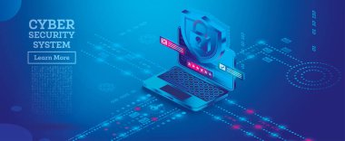 Neon Siber Güvenlik Konsepti. Mavi Renkli Isometric Illustration. Veri Koruma Konsepti. Vektör İllüstrasyonu. Kalkanlı dizüstü bilgisayar.