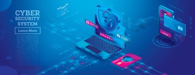 Siber Güvenlik Konsepti. Sembolü kilitle. Isometric Laptop, Credit Card ve Smart Phone with Shield. Veri Koruma Konsepti. Vektör İllüstrasyonu.