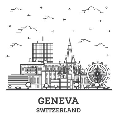 Geneva City Skyline 'ın ana hatlarıyla Modern Binalar beyaza izole edildi. Vektör İllüstrasyonu. Tarihi Simgelerle Cenevre Şehri.