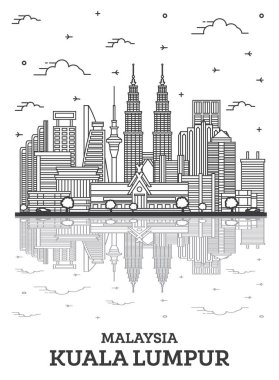 Ana hatlarıyla Kuala Lumpur Malezya City Skyline Modern Binalar ve Yansımalar Beyazın Üzerinde İzole Edildi. Vektör İllüstrasyonu. Simgeli Kuala Lumpur Şehir Manzarası.