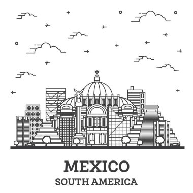 Beyaz üzerine izole edilmiş tarihi binaları olan Mexico City Skyline 'ın ana hatları. Vektör İllüstrasyonu. Meksiko Şehir Manzarası. 