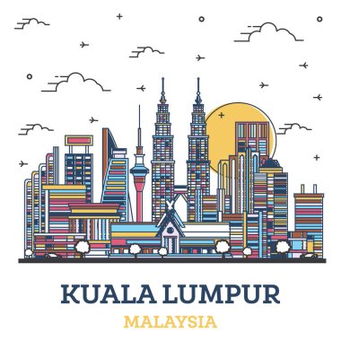 Kuala Lumpur 'un ana hatlarıyla Malezya Şehri Skyline ve beyaza izole edilmiş renkli modern binalar. Vektör İllüstrasyonu. Simgeli Kuala Lumpur Şehir Manzarası.