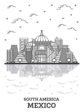 Beyaz üzerine izole edilmiş tarihi binaları ve yansımaları olan ana hatlarıyla Mexico City Skyline. Vektör İllüstrasyonu. Meksiko Şehir Manzarası. 