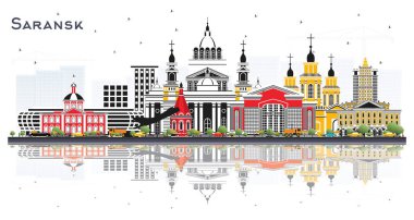 Rostov-on-Don Rusya City Skyline Renk Binaları ve Yansımaları Beyazın Üzerinde İzole Edilmiş. Vektör İllüstrasyonu. Modern Mimariyle İş Seyahatleri ve Turizm Konsepti. Rostov-on-Don Şehir Manzarası