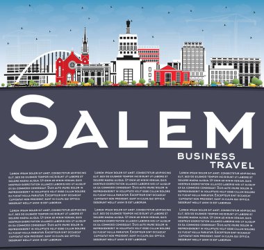 Salem Oregon City Skyline, Renkli Binalar, Mavi Gökyüzü ve Kopya Uzayı. Vektör İllüstrasyonu. Landmark 'lı Salem USA Cityscape. Modern Mimariyle İş Seyahati ve Turizm Konsepti.