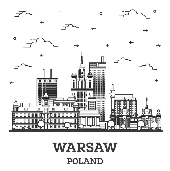 Outline Varsavia Poland City Skyline Con Edifici Moderni Isolati Bianco — Vettoriale Stock