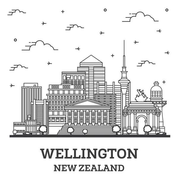 Vázlat Wellington Zéland City Skyline Modern Történelmi Épületek Elszigetelt Fehér — Stock Vector