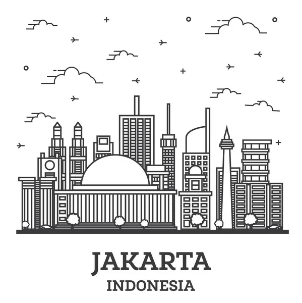 Obrys Jakarta Indonesia City Skyline Moderními Budovami Izolované Bílém Vektorová — Stockový vektor