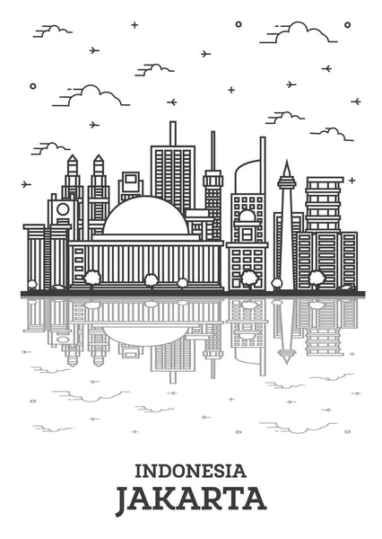 Outline Jakarta Indonesia City Skyline Con Edifici Moderni Riflessioni Isolate — Vettoriale Stock