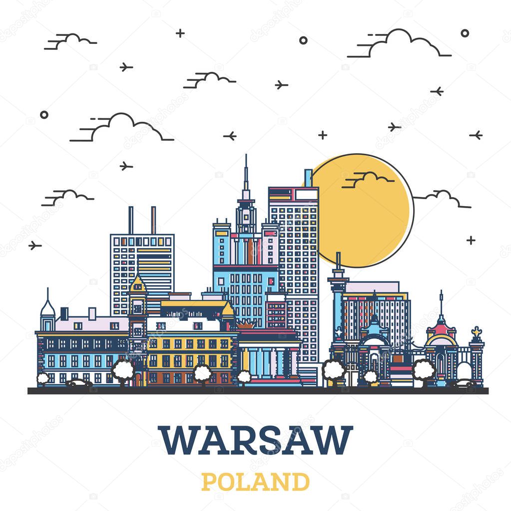 Outline Warsaw Poland City Skyline with Colored Modern Buildings Isolated on White. Vector Illustration. Warsaw Cityscape with Landmarks.