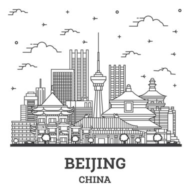 Beijing China City Skyline 'ın ana hatlarıyla modern binalar beyaza izole edilmiş. Vektör İllüstrasyonu. Pekin Şehir Manzarası Simgeleri. 