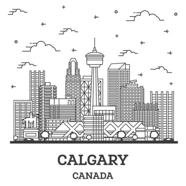 Calgary Canada City Skyline ana hatlarıyla Modern Binalar beyaza izole edildi. Vektör İllüstrasyonu. Simgeli Calgary Şehir Manzarası. 