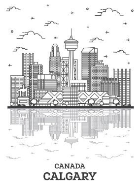 Calgary Canada City Skyline 'ın ana hatlarıyla Modern Binalar ve Yansımalar beyaza izole edildi. Vektör İllüstrasyonu. Simgeli Calgary Şehir Manzarası. 