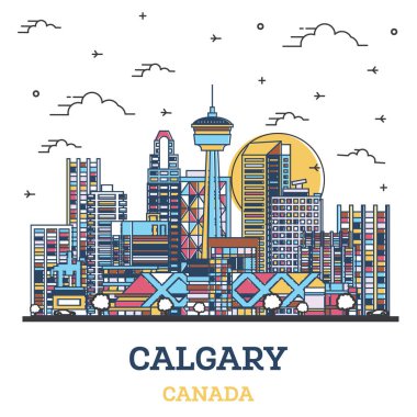 Calgary Canada City Skyline 'ın ana hatları. Renkli Modern Binalar beyaz üzerine izole edilmiş. Vektör İllüstrasyonu. Simgeli Calgary Şehir Manzarası. 