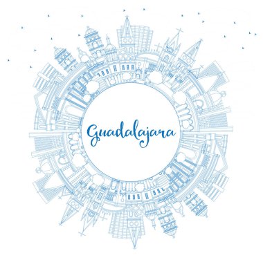 Blue Buildings ve Copy Space ile Guadalajara City Skyline 'ın ana hatları. Vektör İllüstrasyonu. Tarihi ve Modern Mimariyle Turizm Konsepti. Tarihi İşaretli Guadalajara Şehir Manzarası.