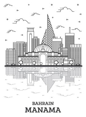 Manama Bahreyn City Skyline 'ın ana hatları. Renkli Modern Binalar beyaza izole edilmiş. Vektör İllüstrasyonu. Tarihi Simgeli Manama Şehir Manzarası.