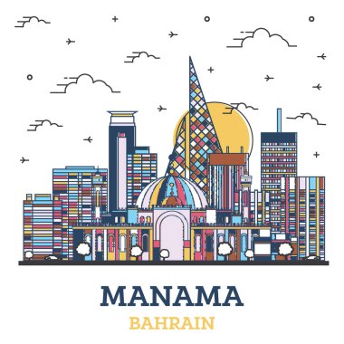 Manama Bahreyn City Skyline 'ın ana hatları. Renkli Modern Binalar beyaza izole edilmiş. Vektör İllüstrasyonu. Tarihi Simgeli Manama Şehir Manzarası.