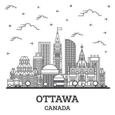 Ottawa Canada City Skyline 'ın ana hatlarıyla Modern Binalar beyaza izole edildi. Vektör İllüstrasyonu. Simgeli Ottawa Şehir Manzarası. 