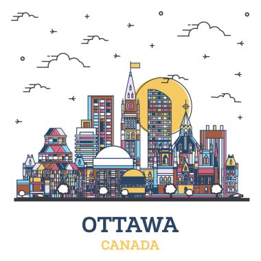 Ottawa Canada City Skyline 'ın ana hatları. Renkli Modern Binalar beyaza izole edilmiş. Vektör İllüstrasyonu. Simgeli Ottawa Şehir Manzarası.