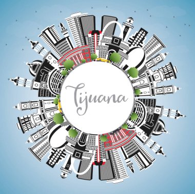 Renkli binaları, mavi gökyüzü ve kopyalama uzayı olan Tijuana Mexico City Skyline. Vektör İllüstrasyonu. Tarihi ve Modern Mimariyle Turizm Konsepti. Tijuana Şehri.