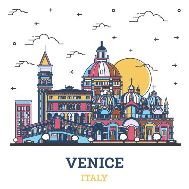 Venedik 'in ana hatları, beyaza izole edilmiş renkli tarihi binalarla birlikte İtalya' nın silueti. Vektör çizimi. Tarihi yerleri olan Venedik Şehri.