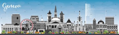 Renkli Binalar ve Mavi Gökyüzü ile Cenevre İsviçre City Skyline. Vektör İllüstrasyonu. Landmark 'lı Cenevre Şehri. Tarihi Mimariyle İş Seyahati ve Turizm Konsepti.