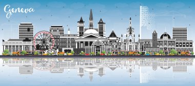 Renk Binaları, Mavi Gökyüzü ve Yansımaları ile Cenevre İsviçre Şehri Skyline. Vektör İllüstrasyonu. Landmark 'lı Cenevre Şehri. Tarihi Mimariyle İş Seyahati ve Turizm Konsepti.