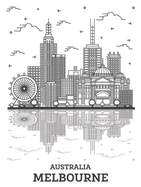 Melbourne Avustralya City Skyline 'ın ana hatlarıyla Modern ve Tarihi Binalar ve Beyaz Yansımalar. Vektör çizimi. Landmarks ile Melbourne Şehir Manzarası.