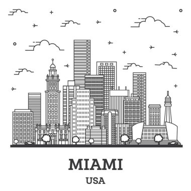 Miami Florida City Skyline 'ın ana hatları. Modern Binalar White' ta izole edilmiş. Vektör İllüstrasyonu. Tarihi Simgelerle Miami ABD Şehri. 