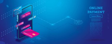 Cep telefonu ile çevrimiçi ödeme Isometric Illustration Concept. İnternetten alışveriş. Vektör İllüstrasyonu. İnternet bankacılığı. Web Sayfa Tasarımının Modern Tasarımı. Çevrimiçi Güvenlik Aktarımı.