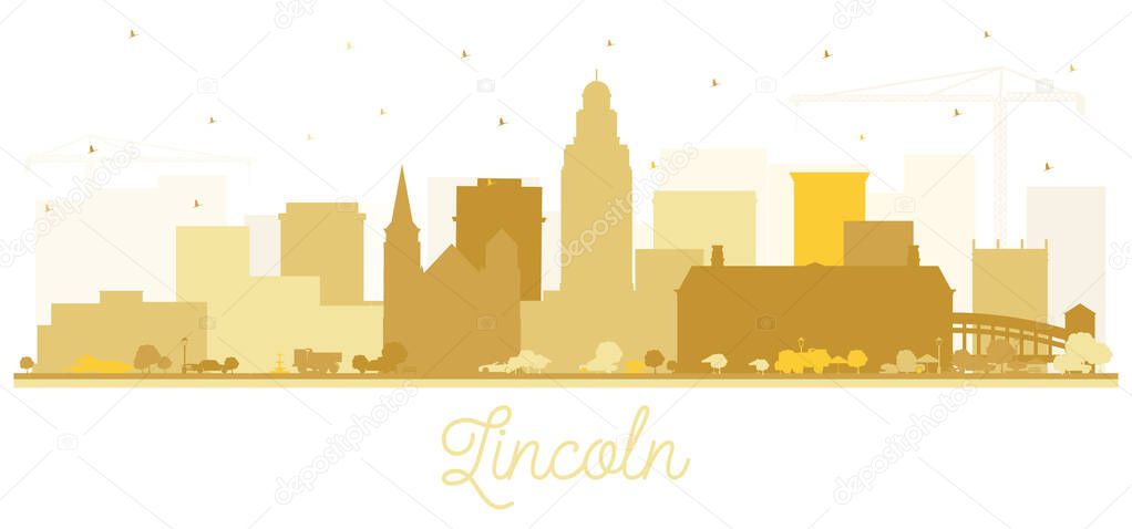 Lincoln Nebraska City Skyline Silhouette with Golden Buildings Isolated on White. Vector Illustration. Business Travel and Tourism Concept with Historic Architecture. Lincoln USA Cityscape with Landmarks. 