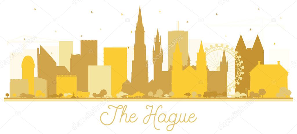 The Hague Netherlands City Skyline Silhouette with Golden Buildings Isolated on White. Business Travel and Tourism Concept with Historic Architecture. Hague Cityscape with Landmarks.